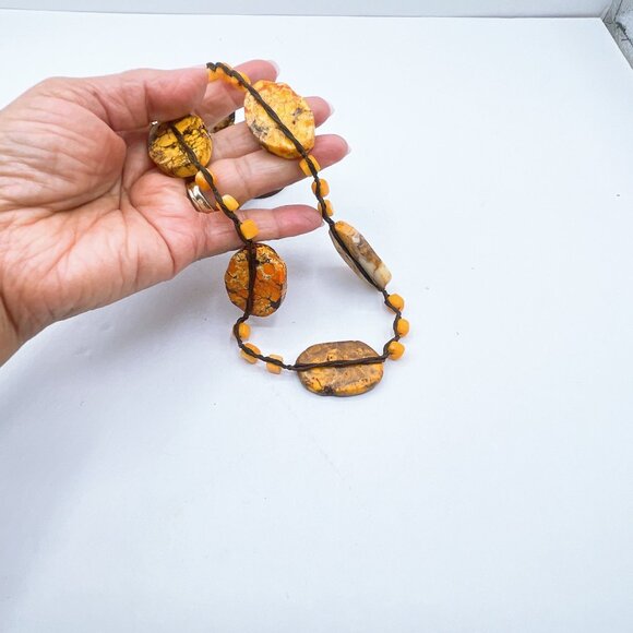 Adjustable Brown Suede Necklace With Precious Stones & Beads Orange Brown - Picture 5 of 7